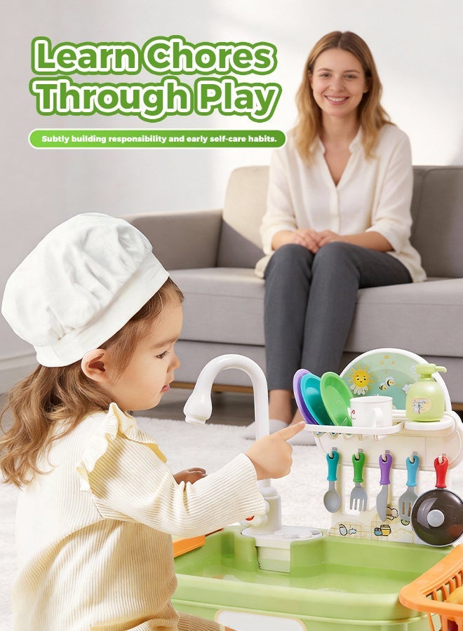 أرابايت مجموعة ألعاب مطبخ متينة مكونة من 34 قطعة مع محرك مطور ومياه جارية، لعبة غسالة أطباق أوتوماتيكية تدوم طويلاً للأطفال (خضراء) - Image 4